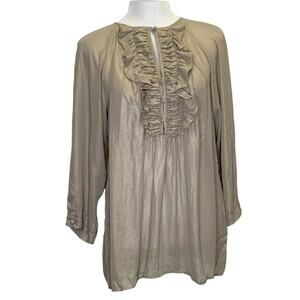 Nanette Lepore ruffle Tan Gold Shimmer Tunic Oversized Blouse sz 10 Cuff sleeve